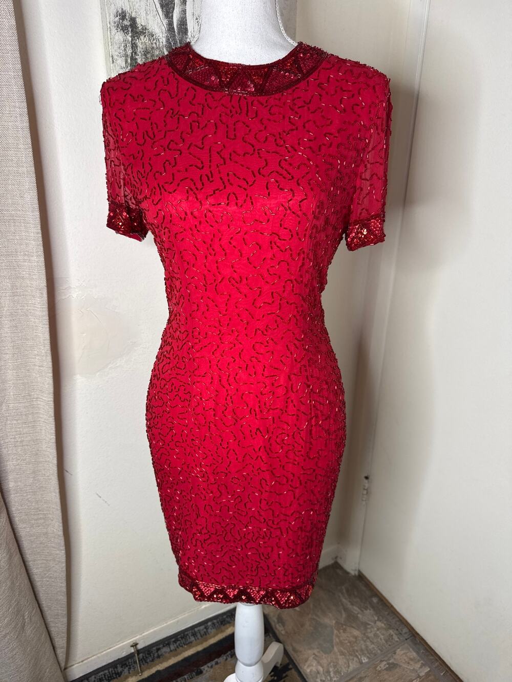 Vintage 80s AJ Bari Beaded Silk Cocktail Dress Red Sheath Petite 6 Holiday Prom